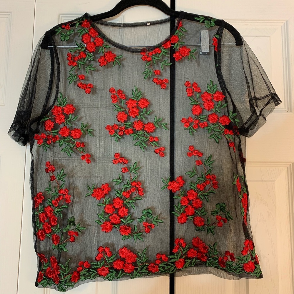 Sheer Black Mesh with Embroidery Crop Top